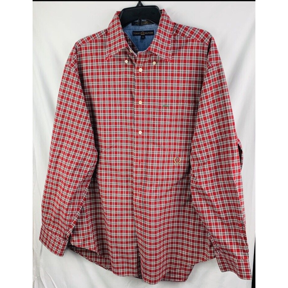 TOMMY HILFIGER MEN'S RED PLAID UTTON DOWN SHIRT YELLOW RED CREST LOGO SIZE LARGE